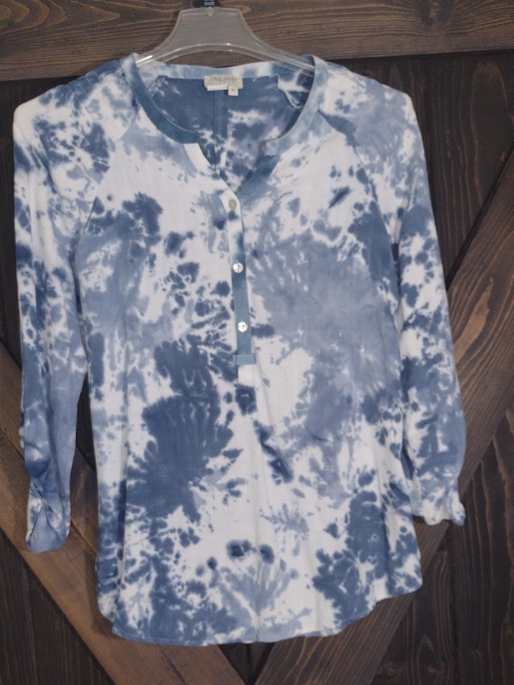 Tru Luxe Jeans Blue and White Tie-Dye Tunic Long Sleeve Top Sz Medium